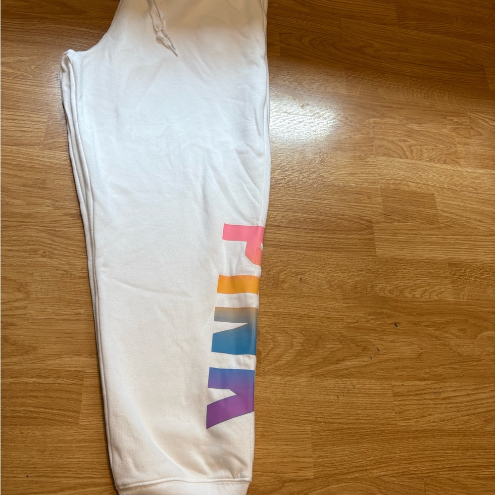 PINK Victoria's Secret White Joggers with Multicolor Logo, size XL